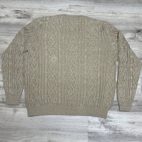 Tasso Elba Cable Knit Sweater Mens L Wheat 100% Cotton V Neck Heavy Pullover - Picture 6 of 9